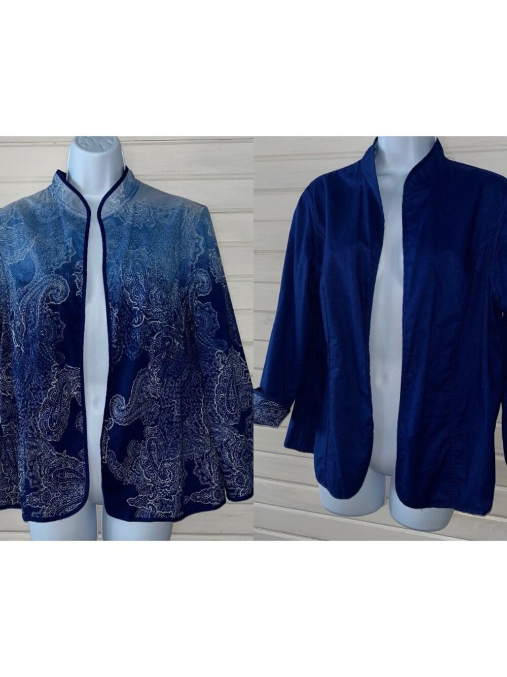 Chicos Sz 2 (LARGE) Blue Ombre Paisley Reversible 100% Cotton Jacket EUC
